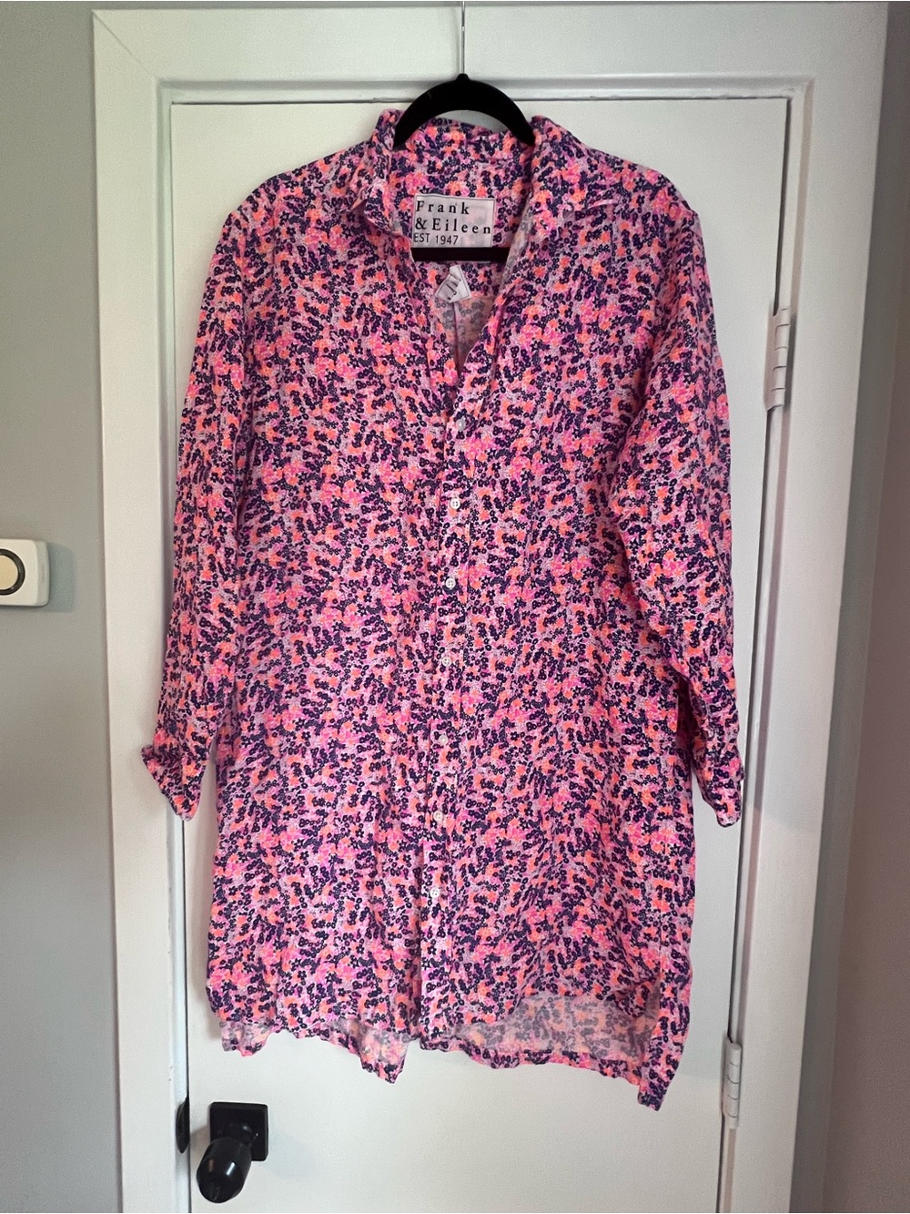 Frank & Eileen Pink Orange Navy Floral Collared Button Linen Shirt Dress M